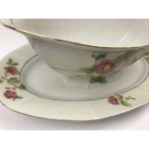 Victoria China Czechoslovakia Gravy Boat With Attached Underplate Pink Roses - Picture 12 of 12